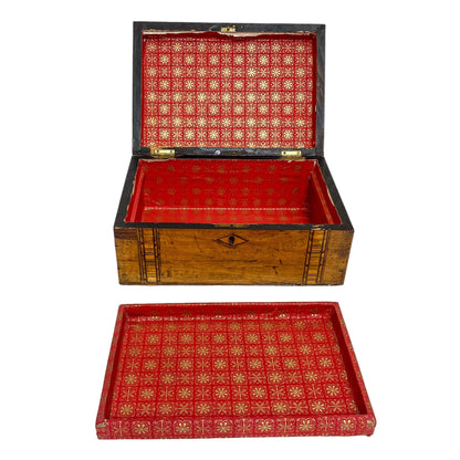 Victorian Tunbridge Ware workbox with lift out lid; inlaid with two vertical geometric bands