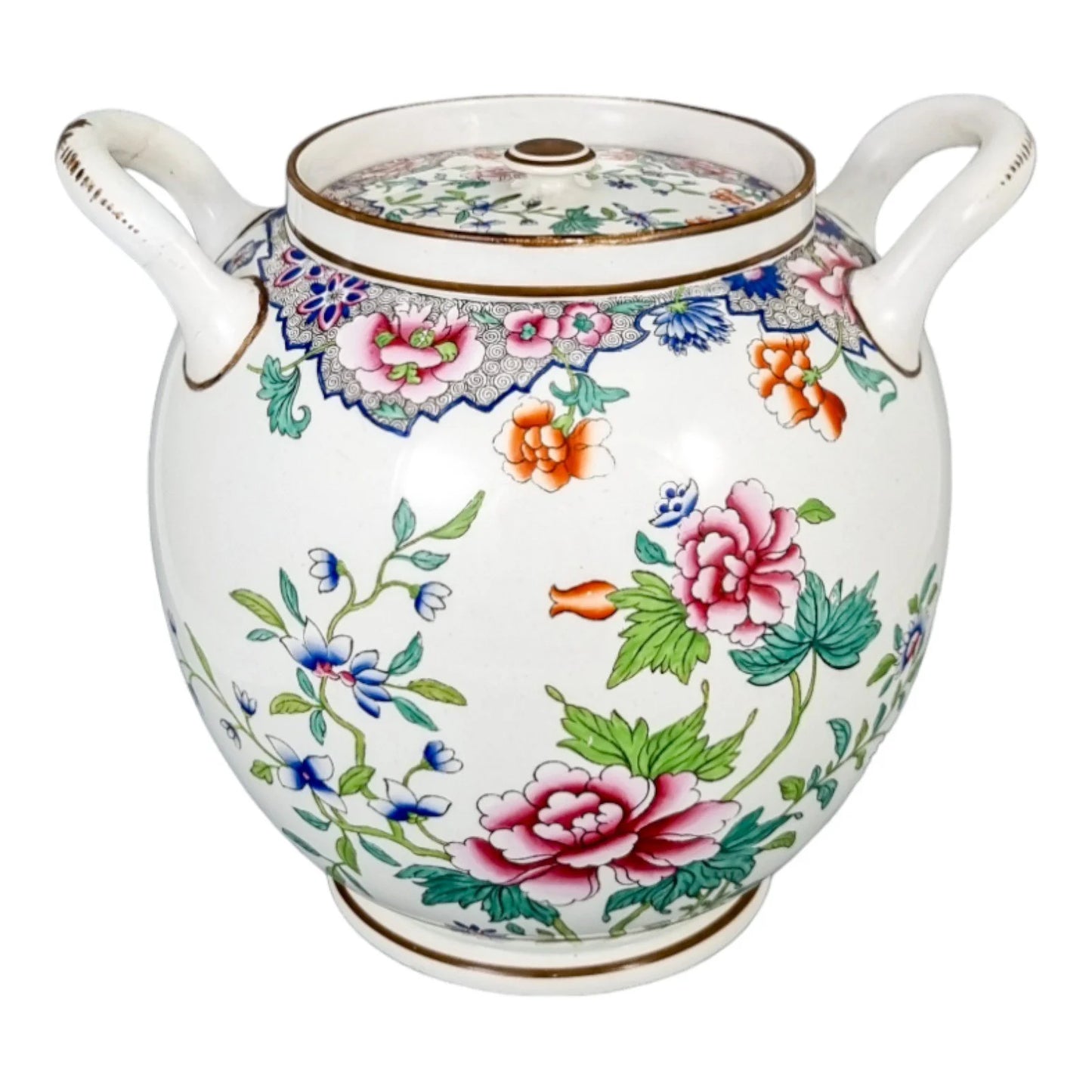 1820's Spode porcelain Famille rose creamware large barrel scent jar, pattern 3184