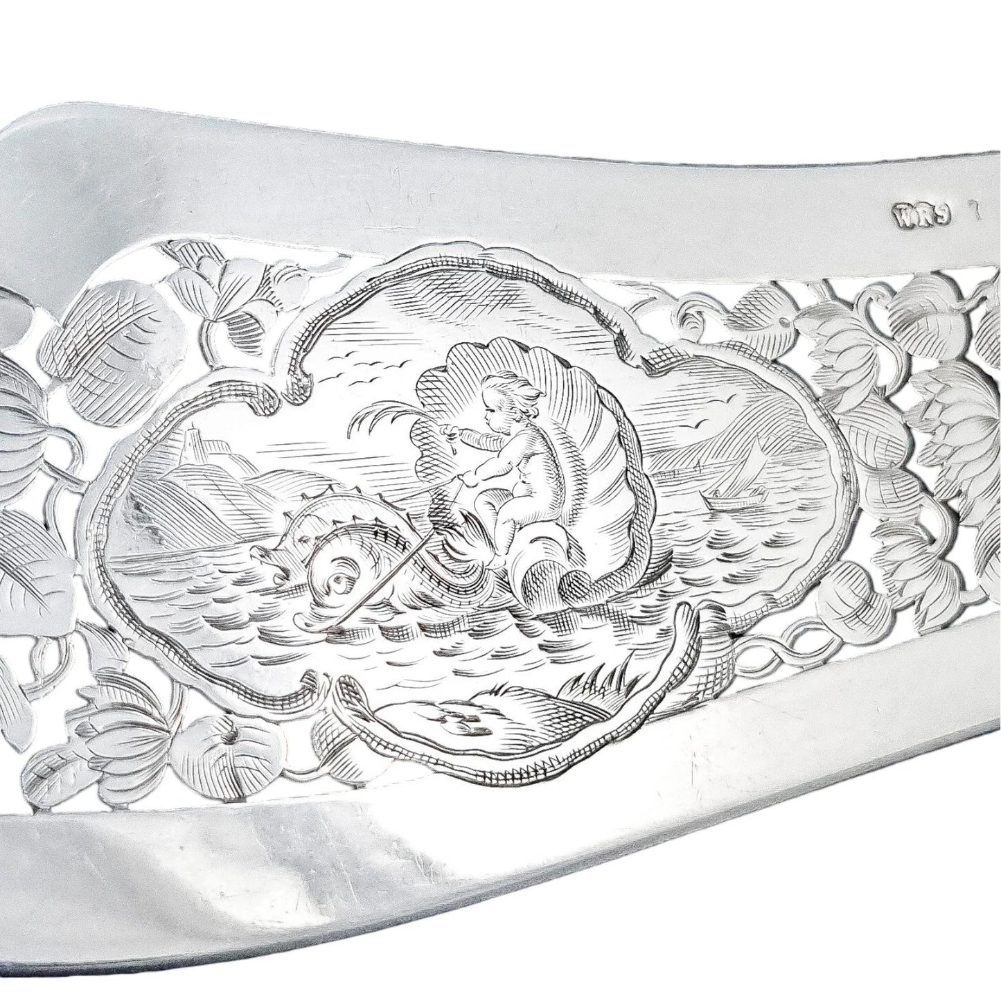Cased Victorian sterling silver fish serving set with putto, lilies and dolphins, 1858