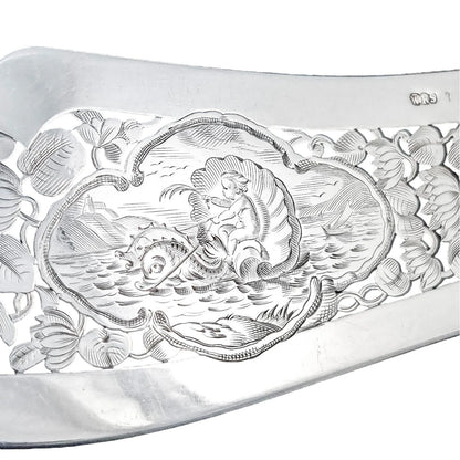 Cased Victorian sterling silver fish serving set with putto, lilies and dolphins, 1858