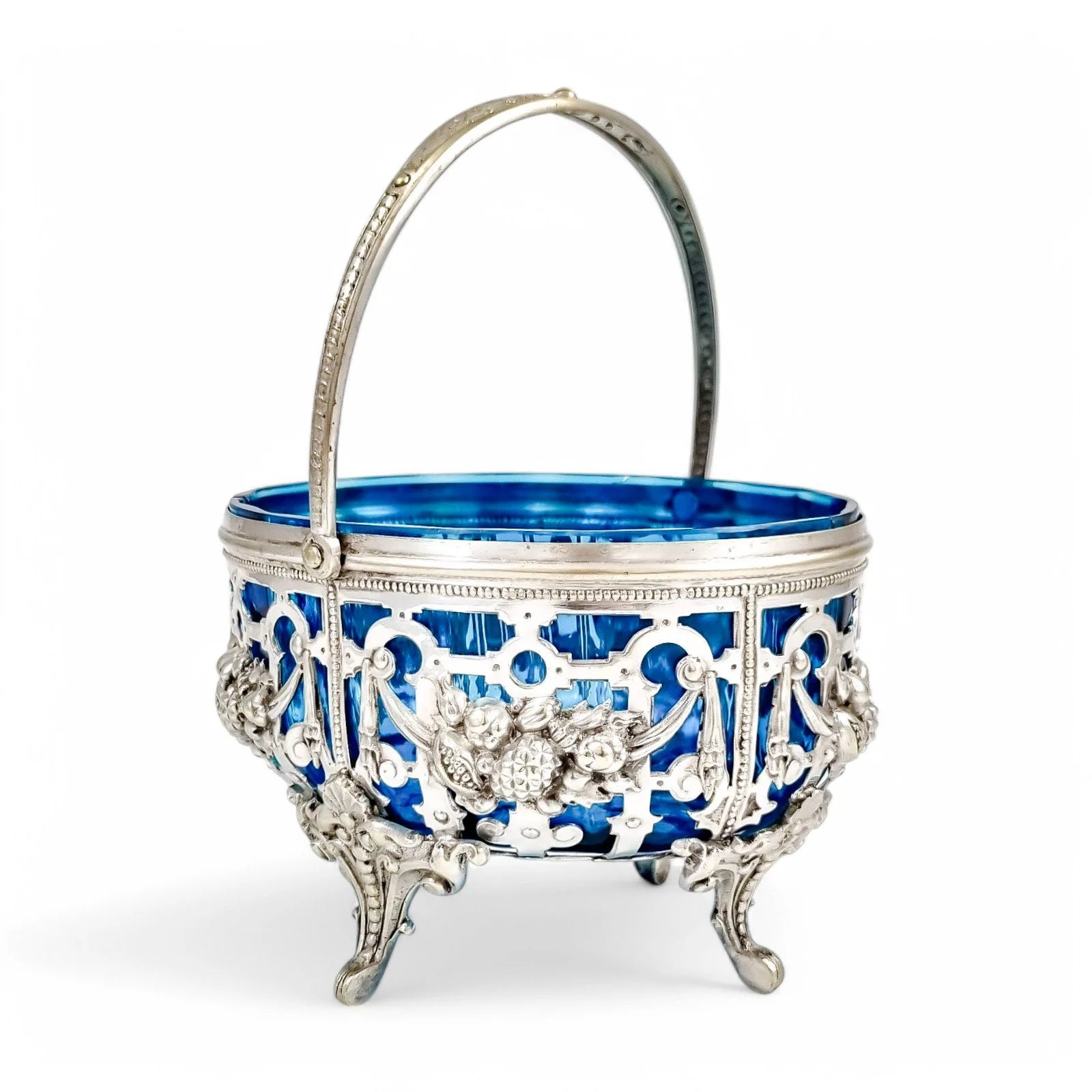 Antique silver-plated basket with sapphire blue glass, Roman Plewkiewicz, Louis XVI style, circa 1900