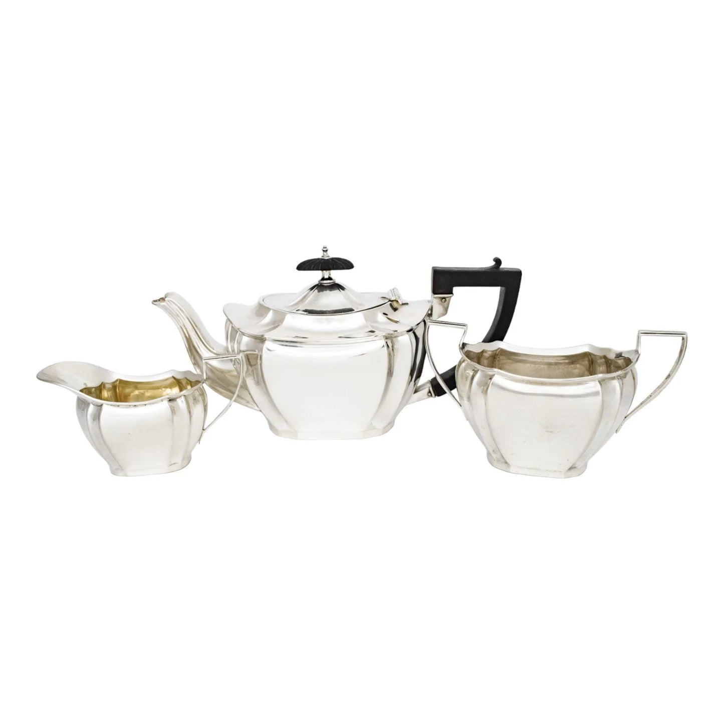 Edwardian three-piece sterling silver fluted octagonal tea set