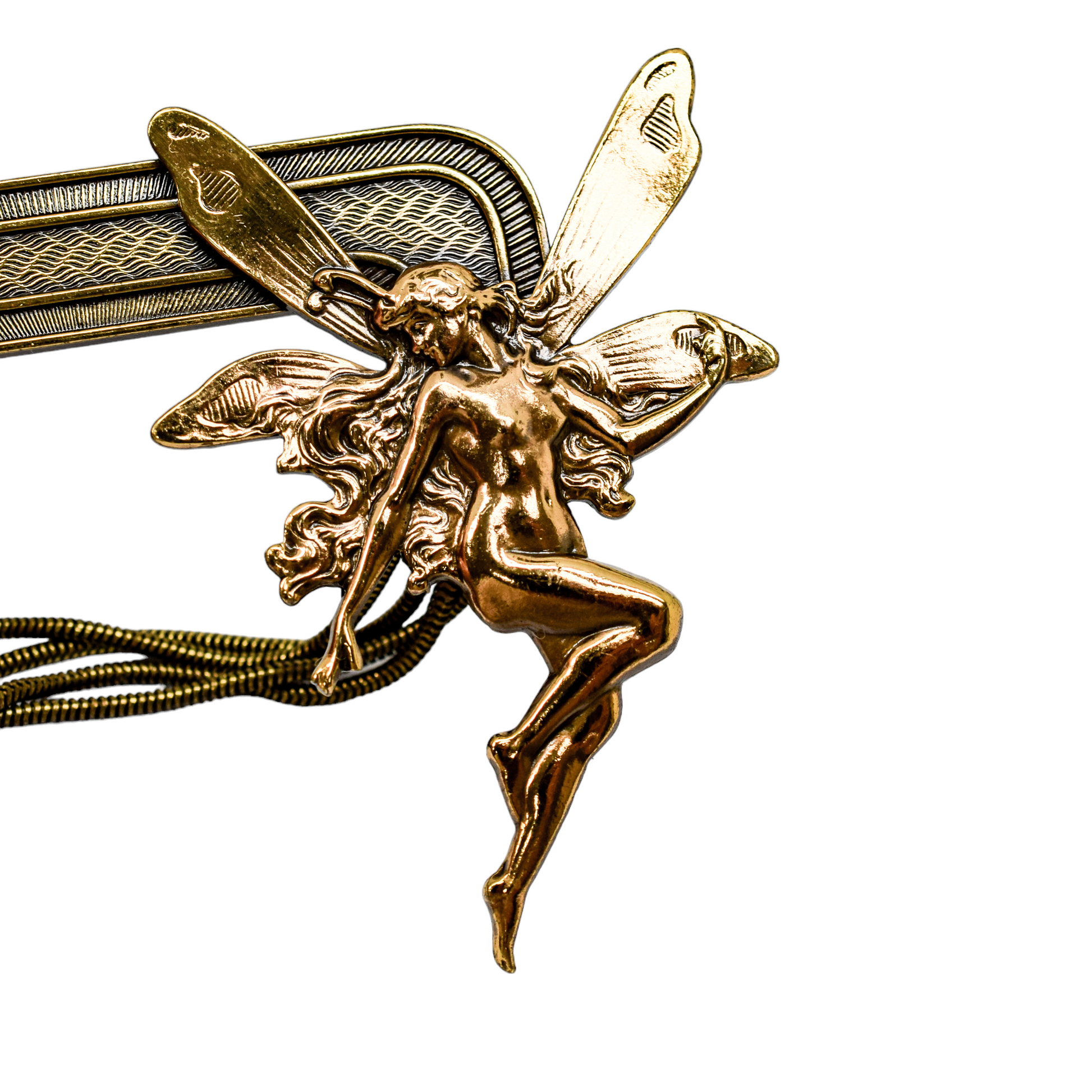 Vintage Ermani Bulatti goldtone Art Nouveau fairy dangling statement brooch