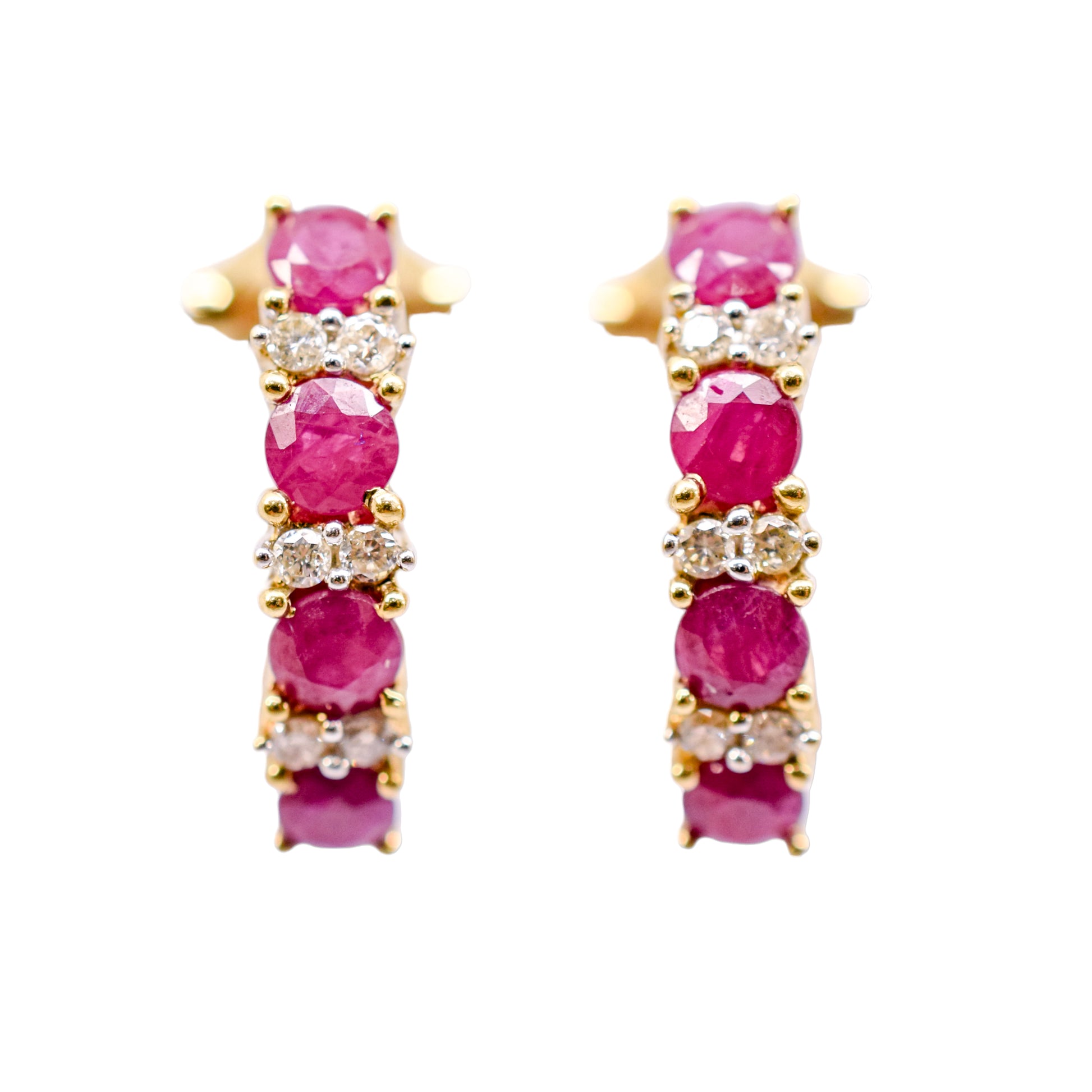 Retro 1980's 9ct yellow gold ruby and brilliant cut diamonds huggie stud earrings