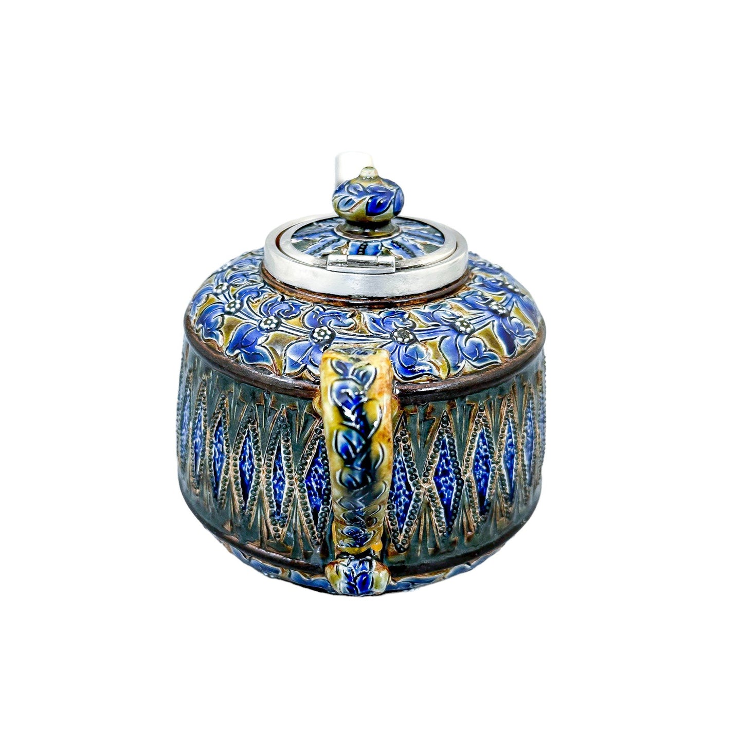 Rare Doulton Lambeth Aesthetic Movement stoneware teapot with sterling silver mounts, Birmingham 1880