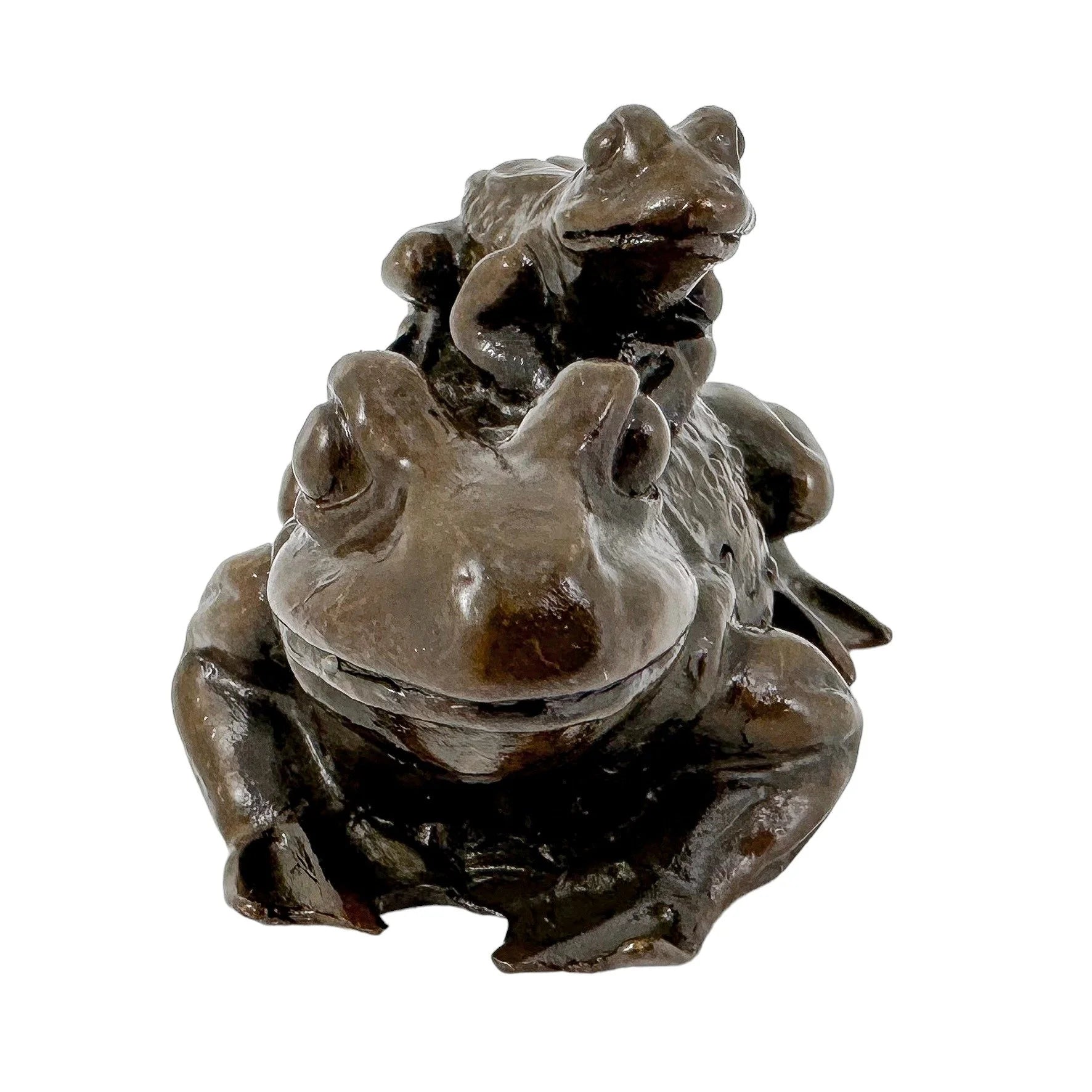 Japanese bronze group sculpture of a frog and baby frog on its back