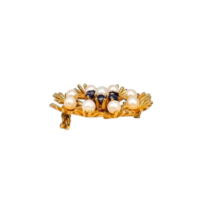 Cropp & Farr 1960’s floral cluster 9ct gold brooch set with sapphires and pearls