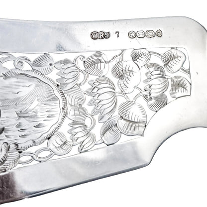 Cased Victorian sterling silver fish serving set with putto, lilies and dolphins, 1858