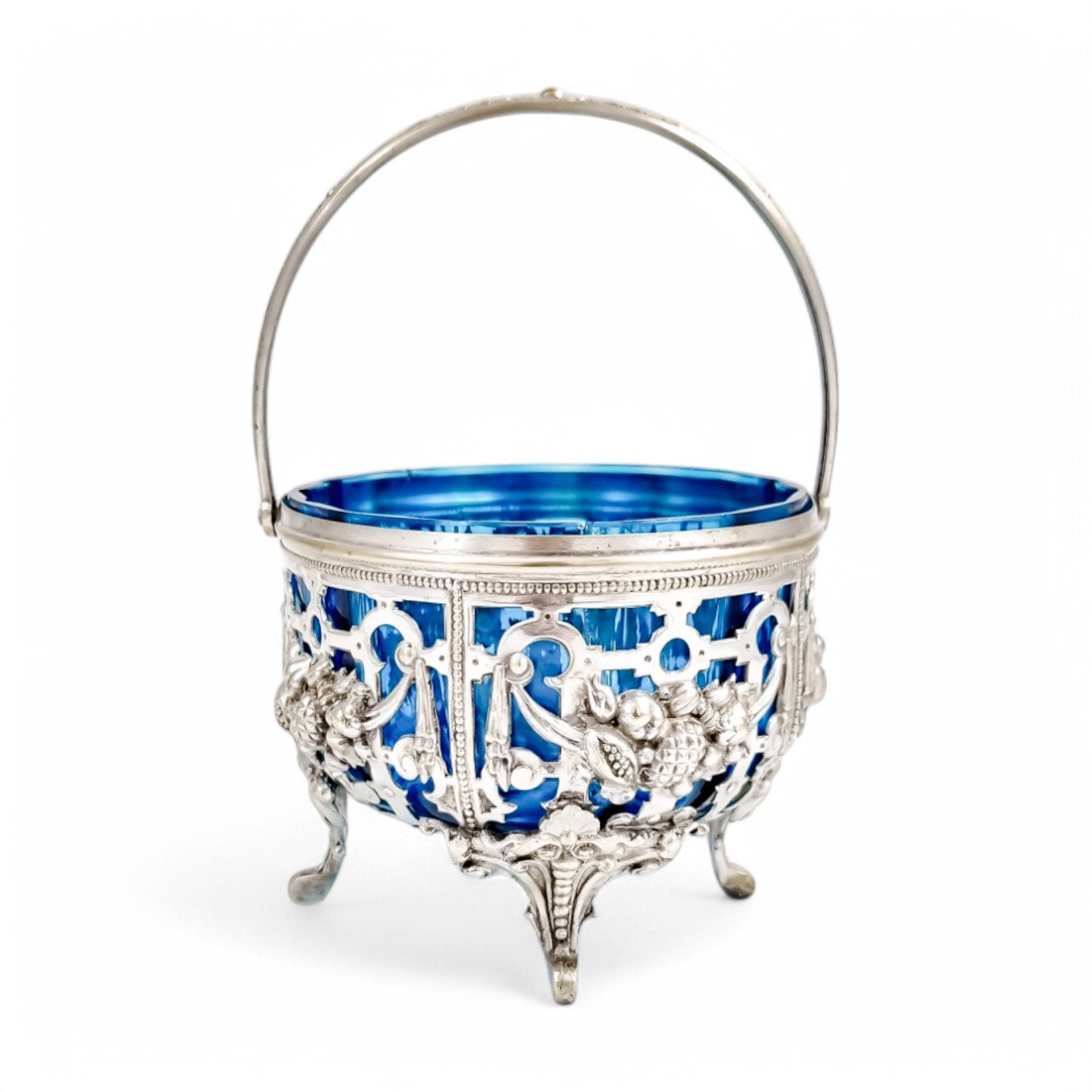 Antique silver-plated basket with sapphire blue glass, Roman Plewkiewicz, Louis XVI style, circa 1900