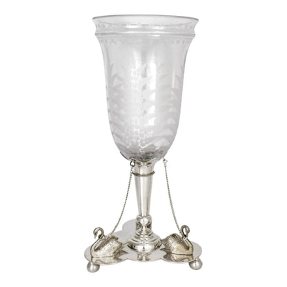 Victorian Mappin & Webb glass celery vase engraved with ferns on silver plated swan stand