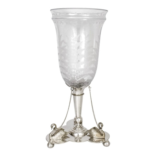 Victorian Mappin & Webb glass celery vase engraved with ferns on silver plated swan stand