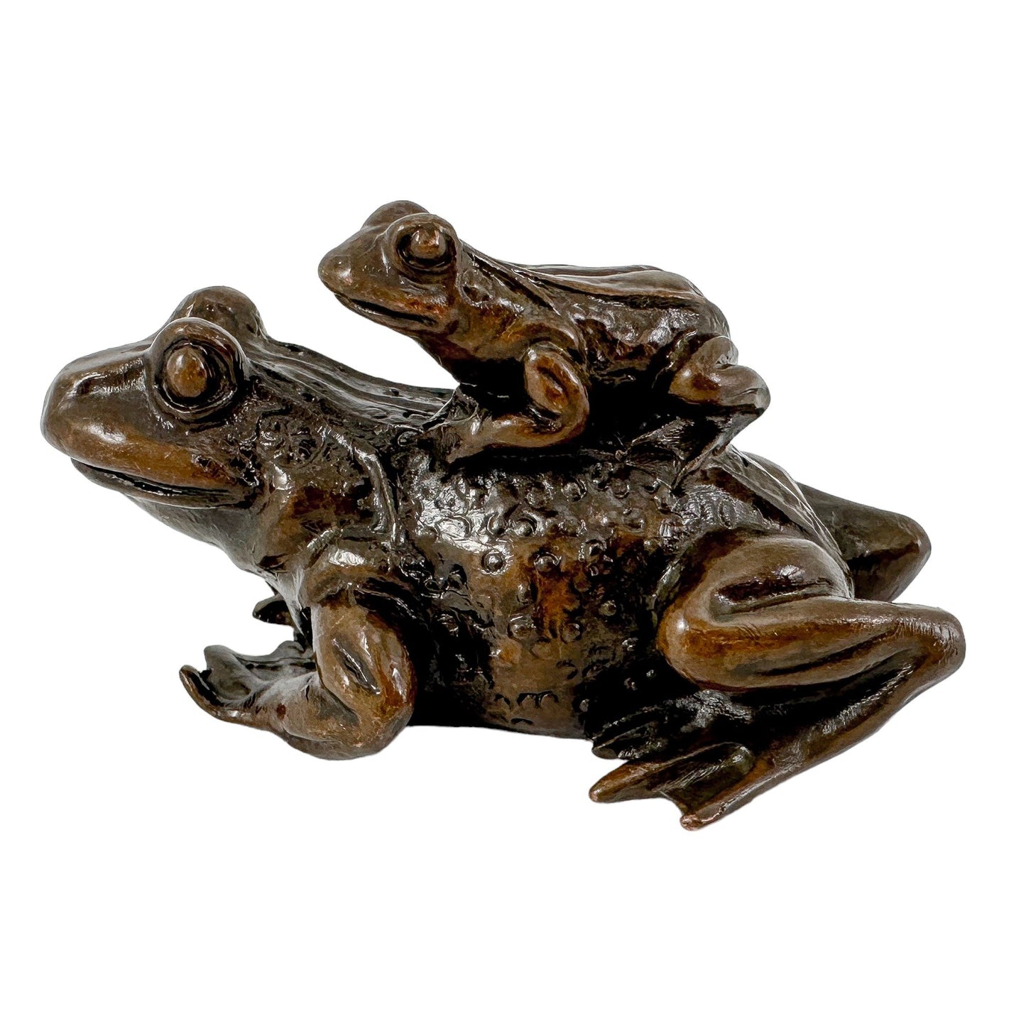 Japanese bronze group sculpture of a frog and baby frog on its back