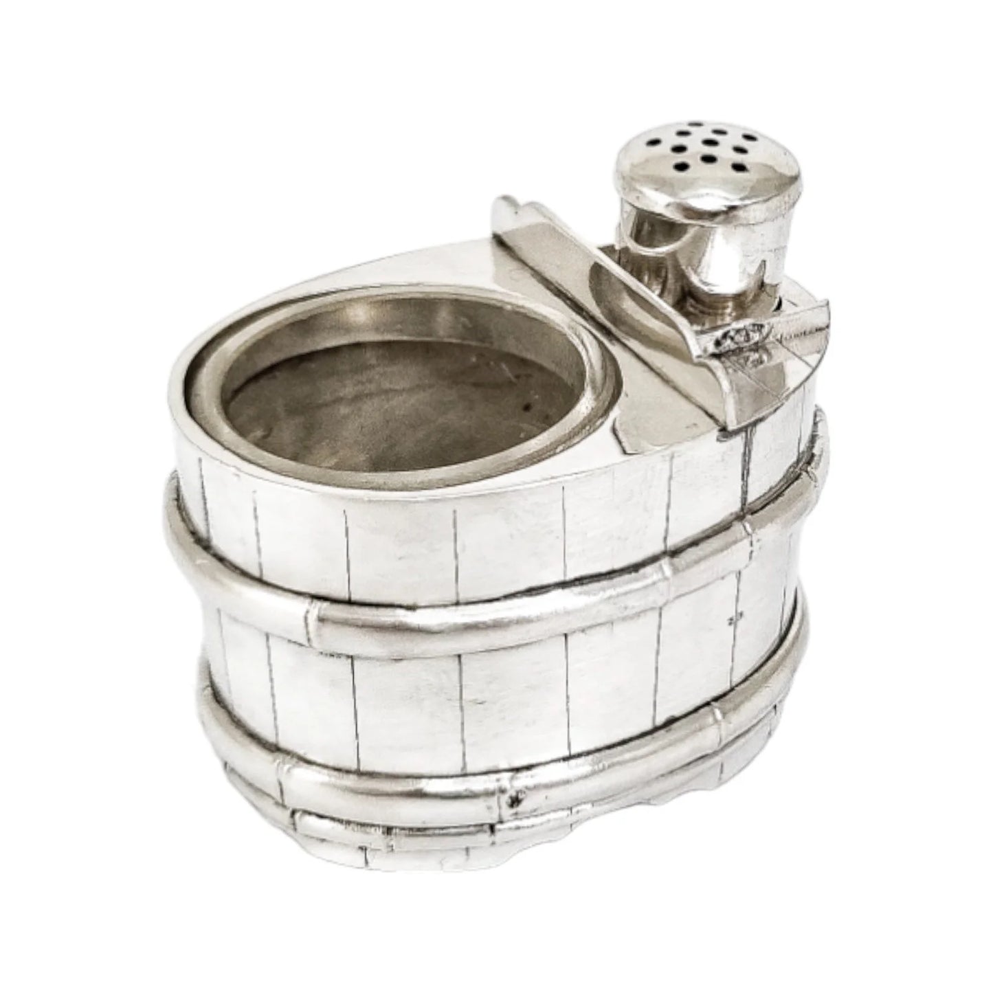 Japanese sterling silver novelty salt and pepper set in form of bucket / barrel