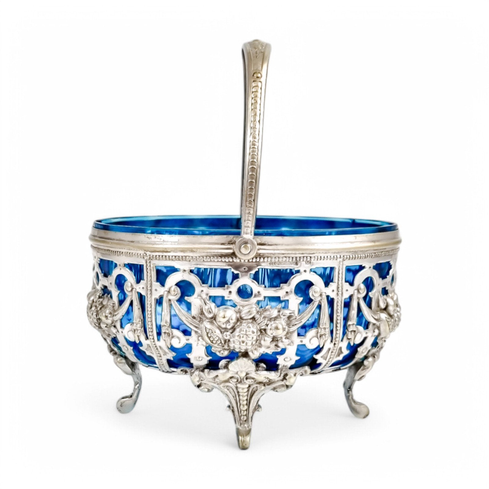 Antique silver-plated basket with sapphire blue glass, Roman Plewkiewicz, Louis XVI style, circa 1900