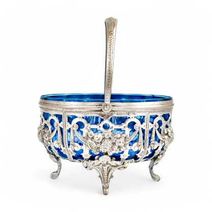 Antique silver-plated basket with sapphire blue glass, Roman Plewkiewicz, Louis XVI style, circa 1900