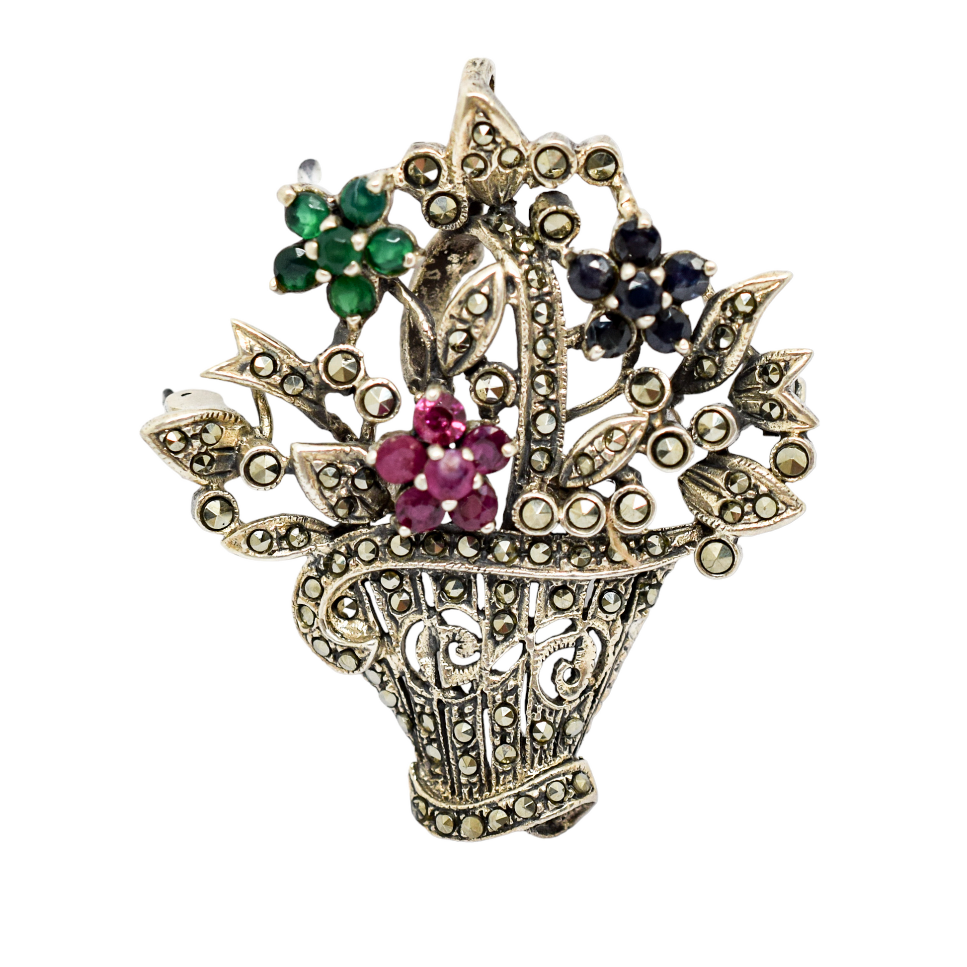 Giardinetti sterling silver floral basket brooch/pendant with rubies, emeralds, spinel