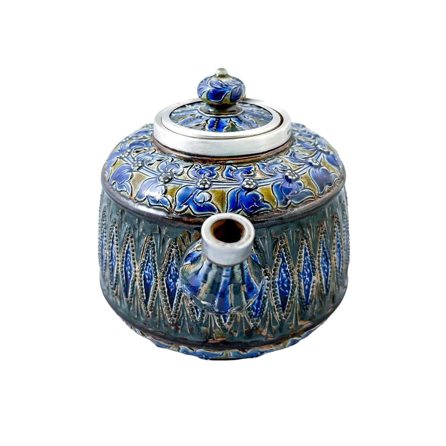 Rare Doulton Lambeth Aesthetic Movement stoneware teapot with sterling silver mounts, Birmingham 1880