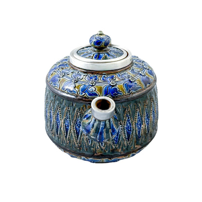 Rare Doulton Lambeth Aesthetic Movement stoneware teapot with sterling silver mounts, Birmingham 1880