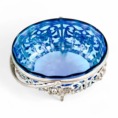 Antique silver-plated basket with sapphire blue glass, Roman Plewkiewicz, Louis XVI style, circa 1900