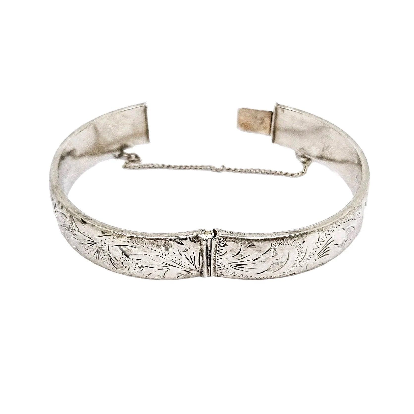 Vintage sterling silver cuff bangle bracelet fully engraved with scrolls and leaves