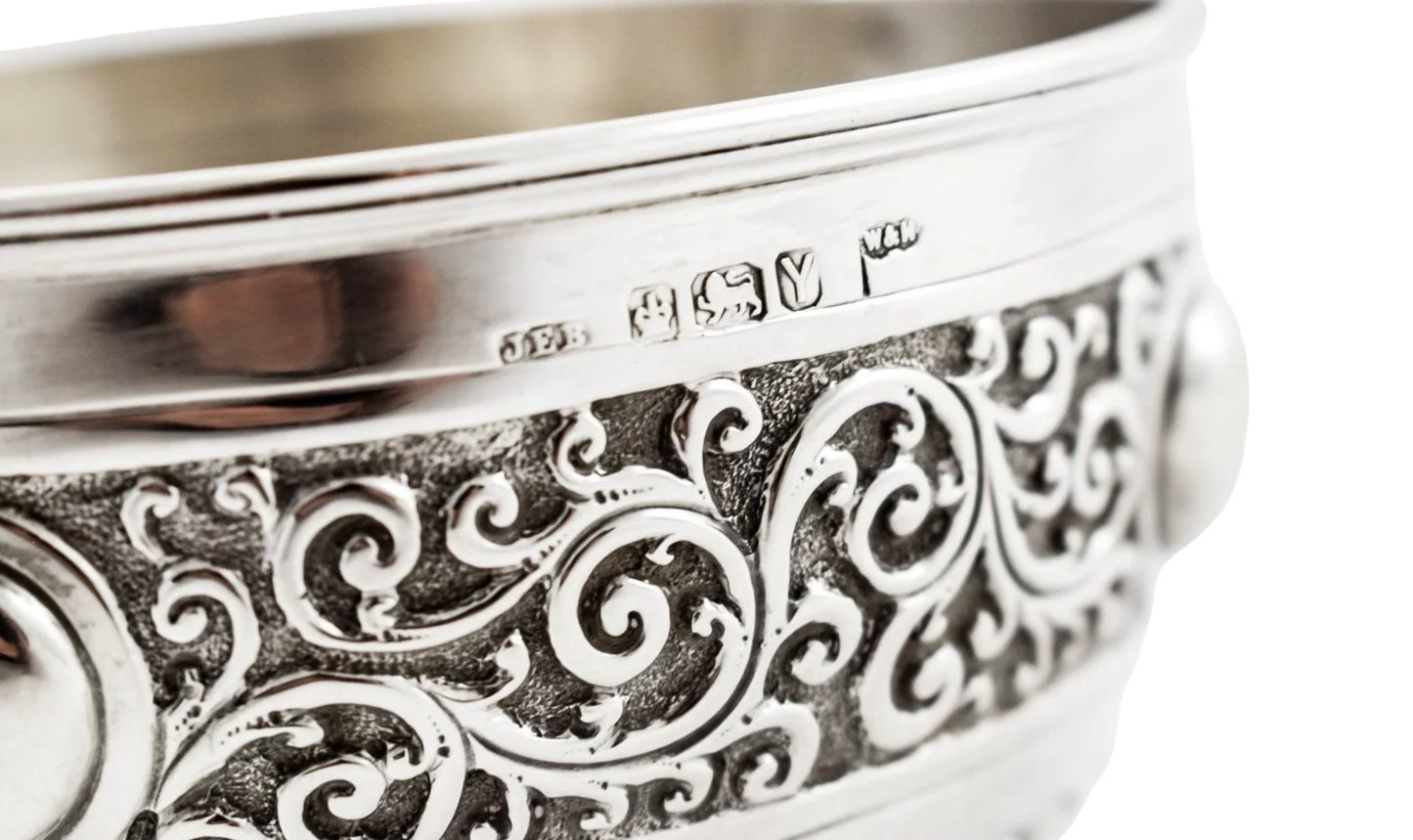 Victorian large sterling silver sugar /candy bowl embossed with scrolls, Walker & Hall