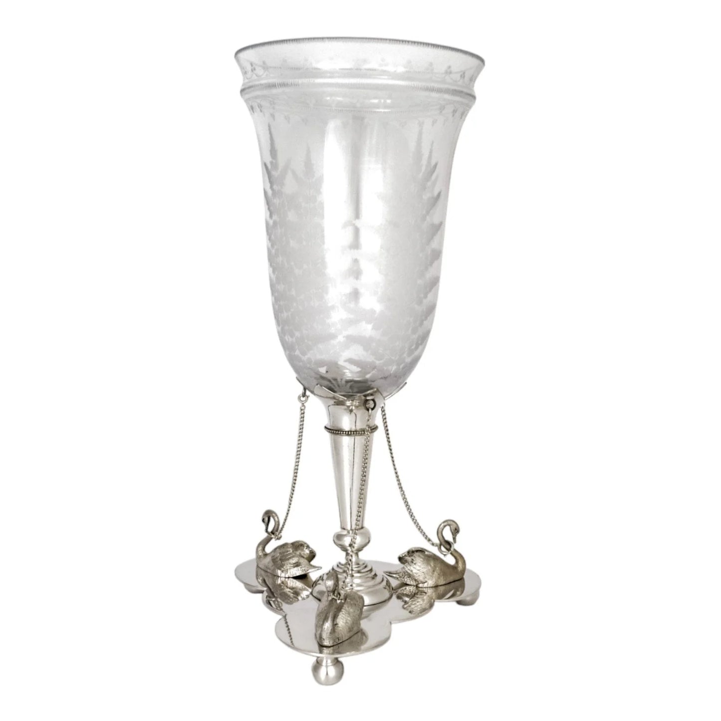 Victorian Mappin & Webb glass celery vase engraved with ferns on silver plated swan stand