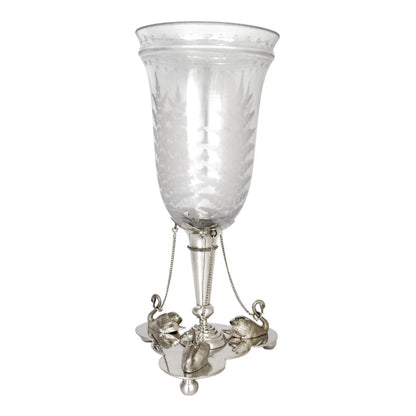 Victorian Mappin & Webb glass celery vase engraved with ferns on silver plated swan stand