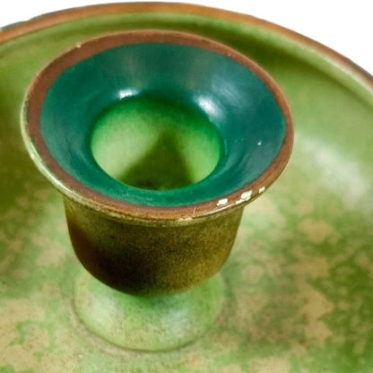 Studio Pottery green chamberstick and 2 matching candlesticks decorated with autumn oak leaves