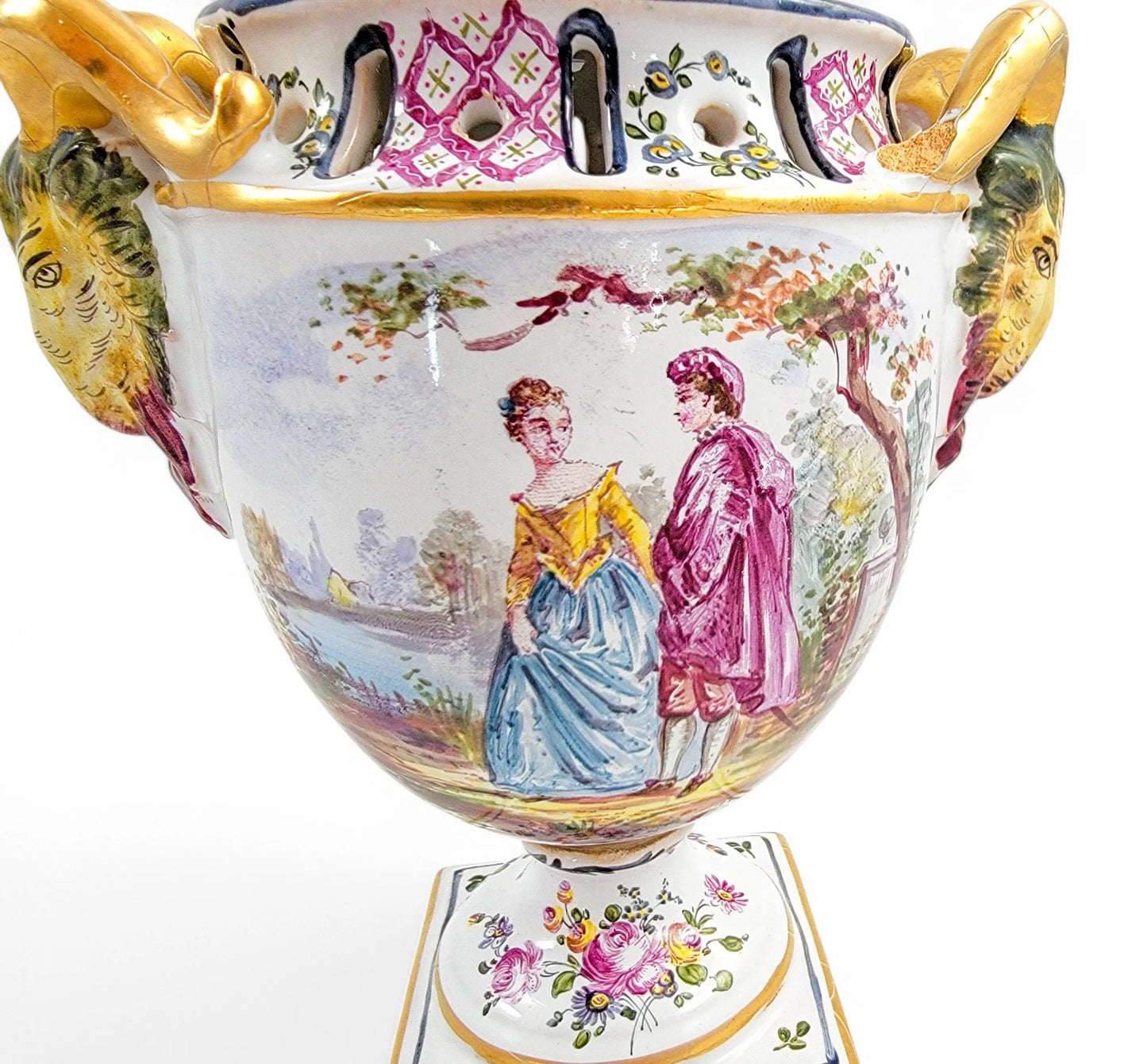 Rare 18th century French faience urns by Veuve Perrin with hand-painted pastoral scenes in Rococo style