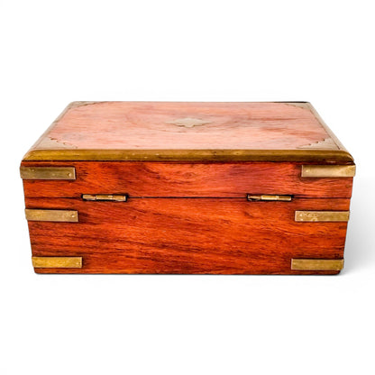 Vintage Indian rosewood campaign style box, brass-bound