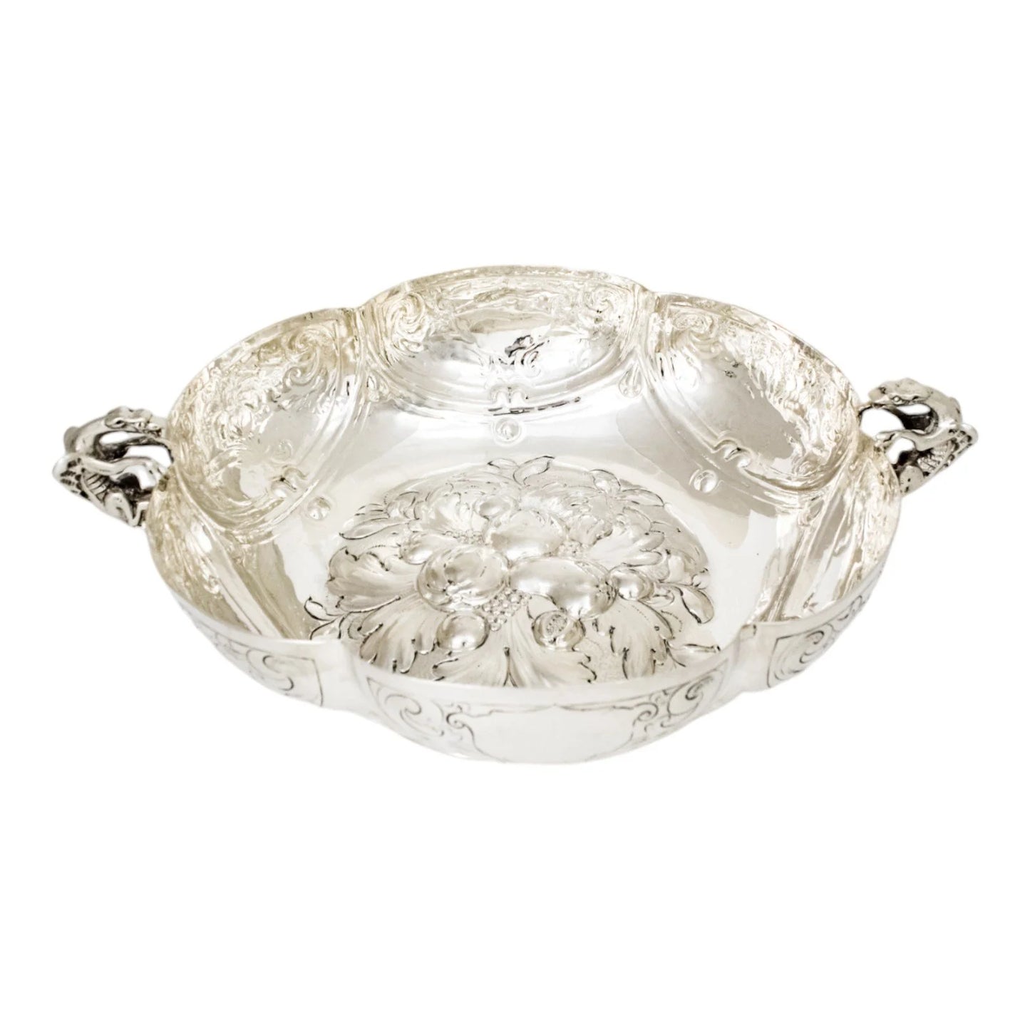 Georgian sterling silver lobed embossed fruit bowl with flying dog handles