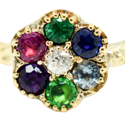 "DEAREST" acrostic Victorian daisy cluster ring (Diamond, Emerald, Amethyst, Ruby, Emerald, Sapphire, Topaz), size M