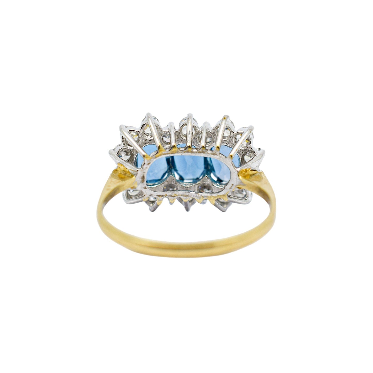 Vintage 1980's three-stone blue topaz cluster ring, 9ct yellow gold, size K 1/2