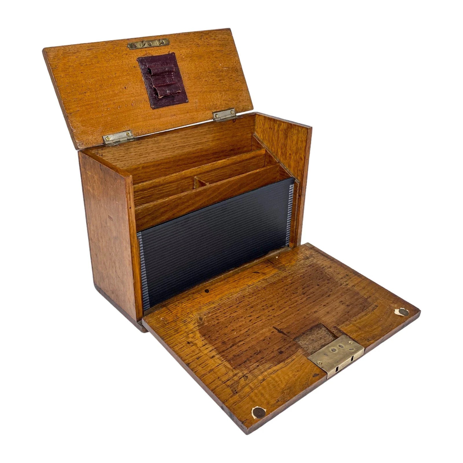 Victorian stationery letter correspondence oak box with 3 compartments and pen holder