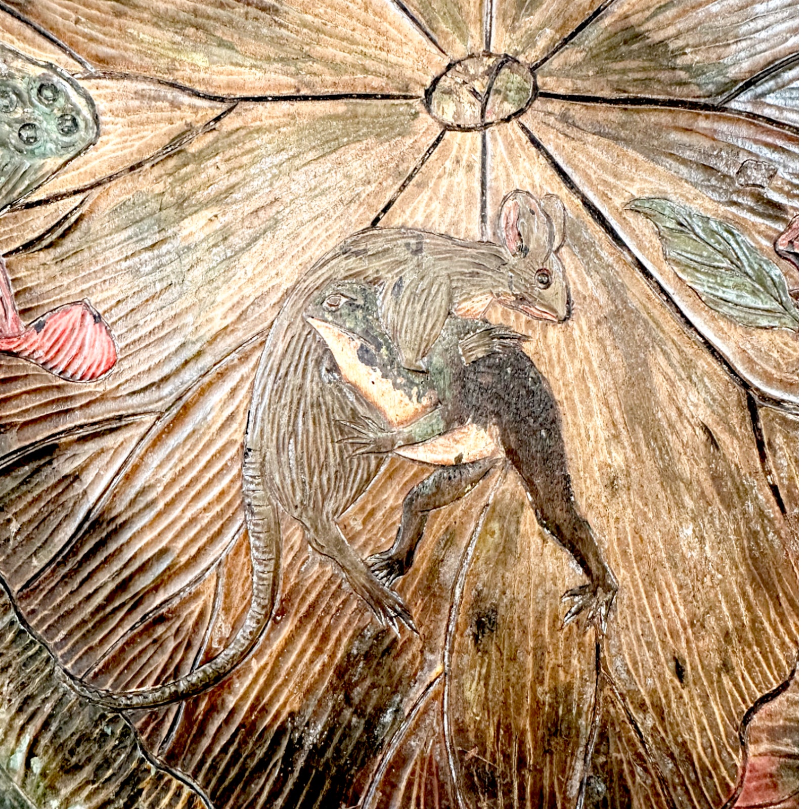 Japanese Arts & Crafts fruitwood sake tray for Liberty of London, frog wrestling a mouse