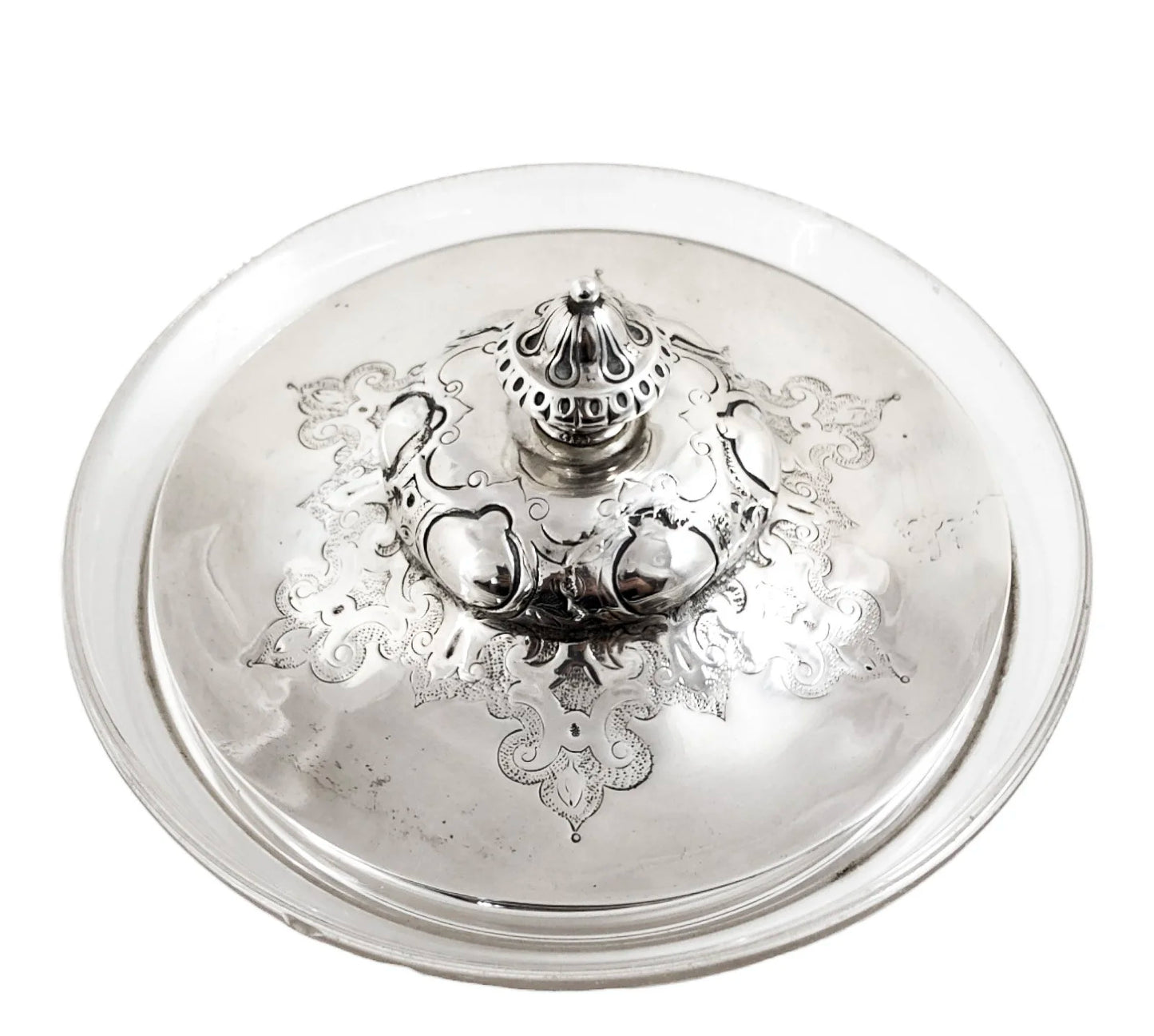 Early Victorian sterling silver large butter dish, Islamic design, coat of arms