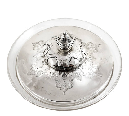 Early Victorian sterling silver large butter dish, Islamic design, coat of arms