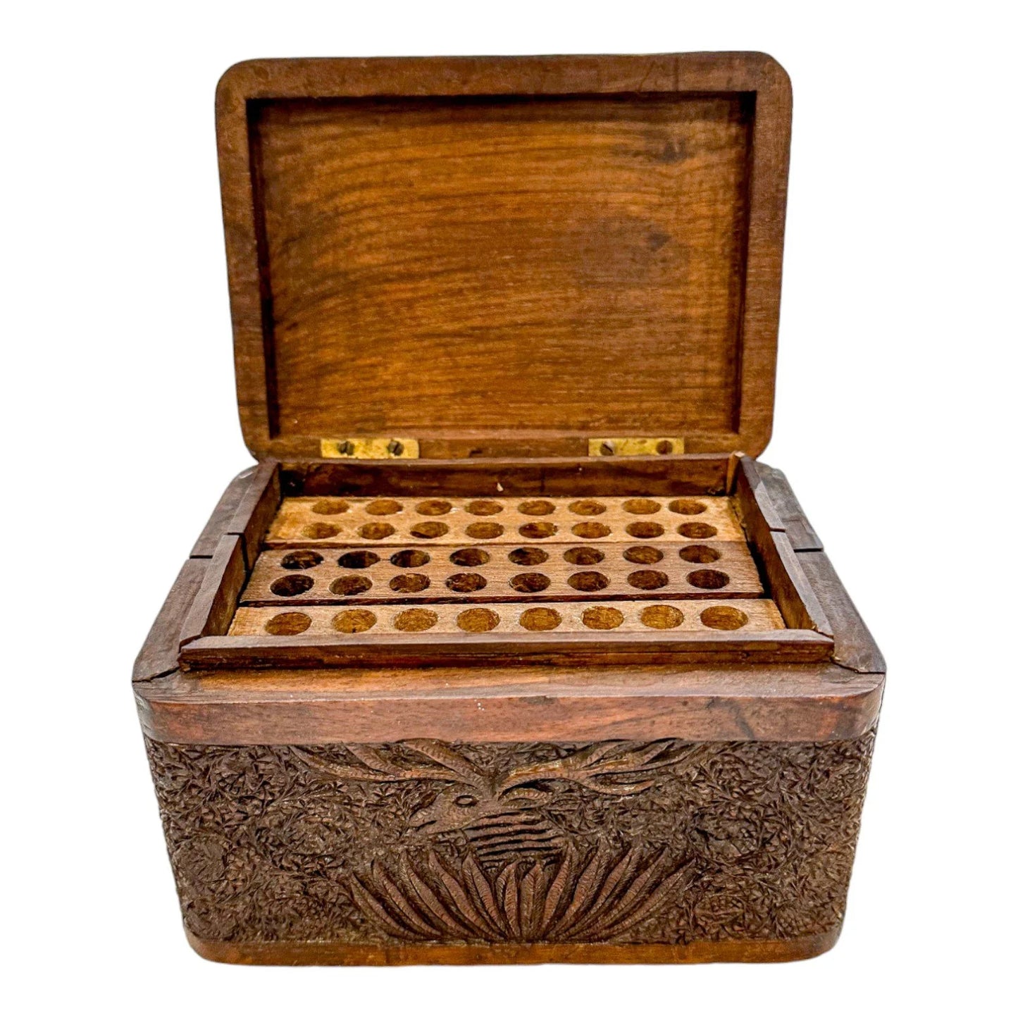Antique Anglo-Indian carved sandalwood cigarette holder, dispensing box