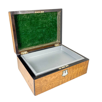 Victorian burr walnut jewellery workbox with lift-out tray and mother of pearl escutcheon
