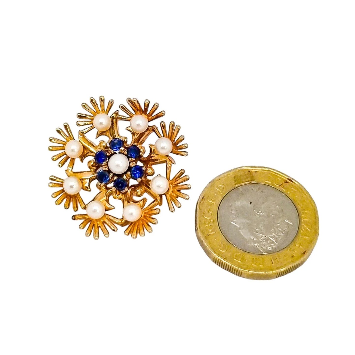 Cropp & Farr 1960’s floral cluster 9ct gold brooch set with sapphires and pearls