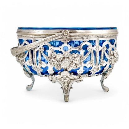 Antique silver-plated basket with sapphire blue glass, Roman Plewkiewicz, Louis XVI style, circa 1900