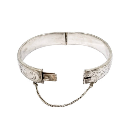Vintage sterling silver cuff bangle bracelet fully engraved with scrolls and leaves