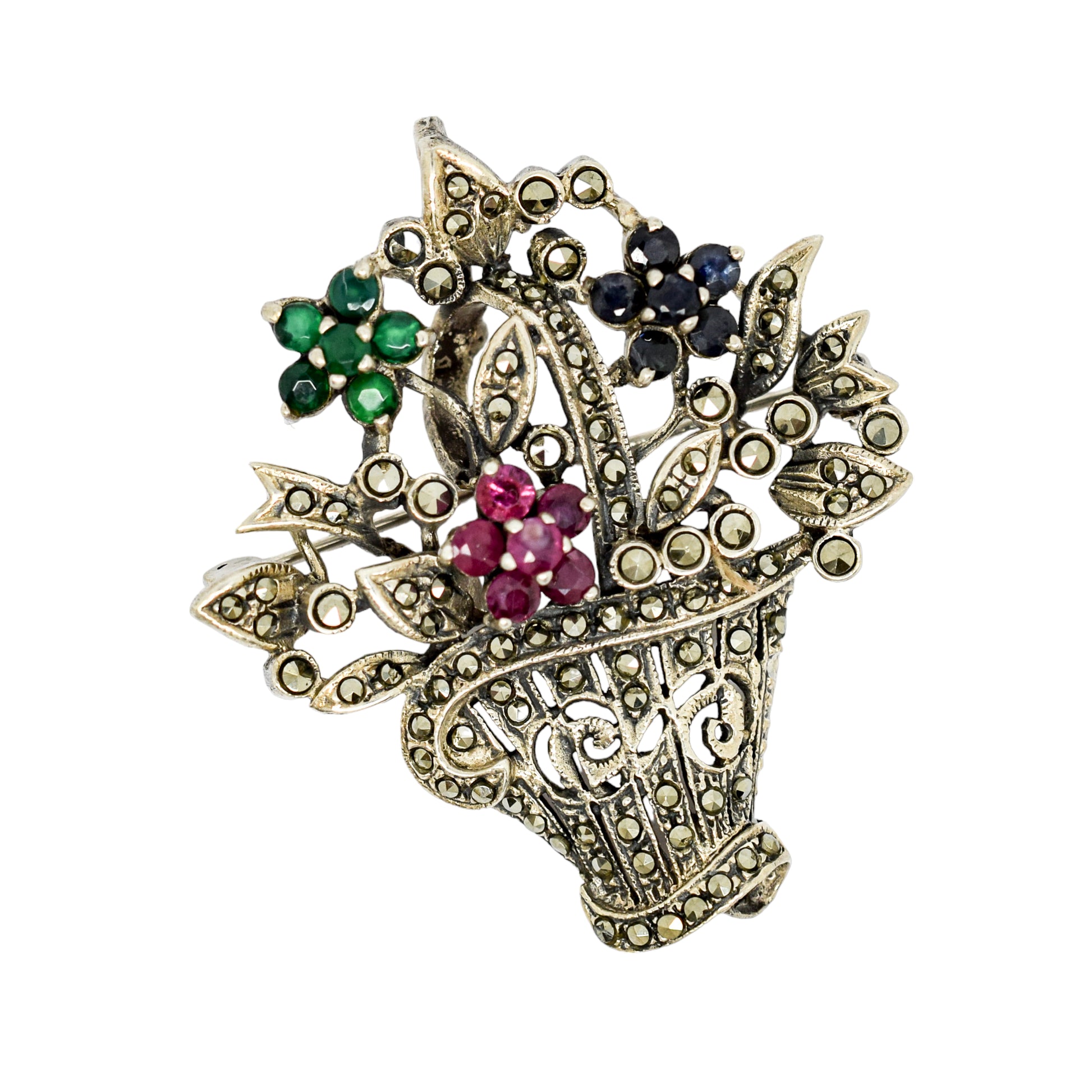 Giardinetti sterling silver floral basket brooch/pendant with rubies, emeralds, spinel