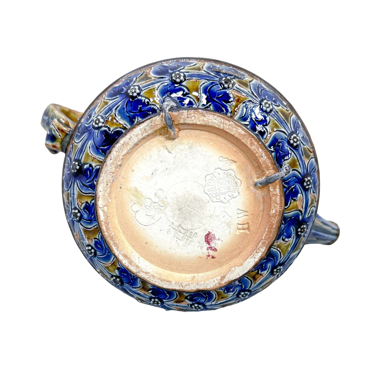 Rare Doulton Lambeth Aesthetic Movement stoneware teapot with sterling silver mounts, Birmingham 1880