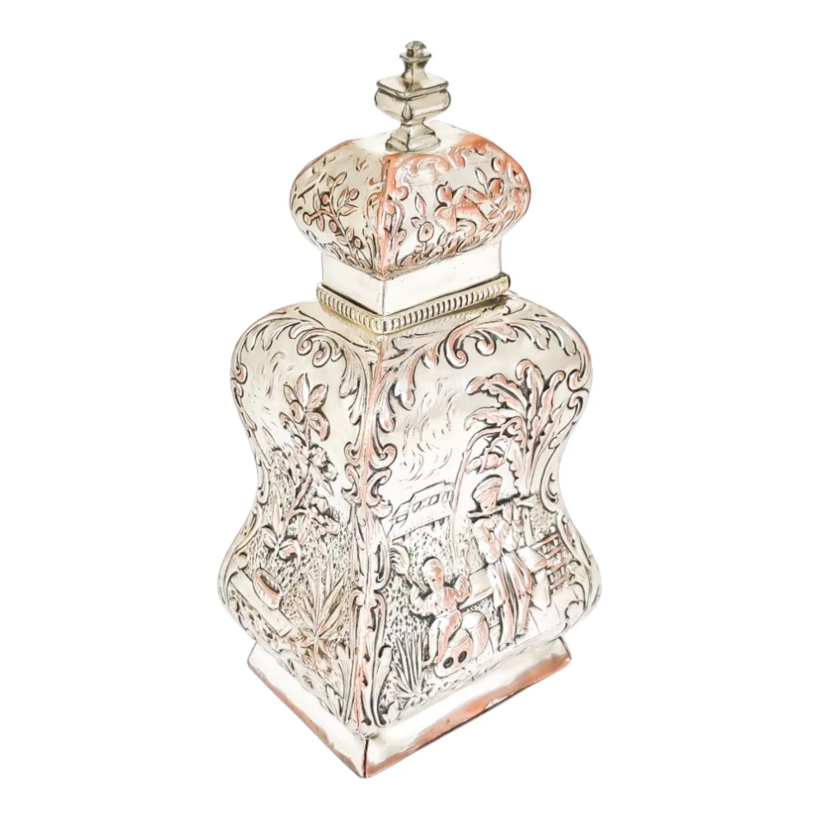 1890's Dutch silver plate tea caddy Rococo embossed flowers, children, scrolls