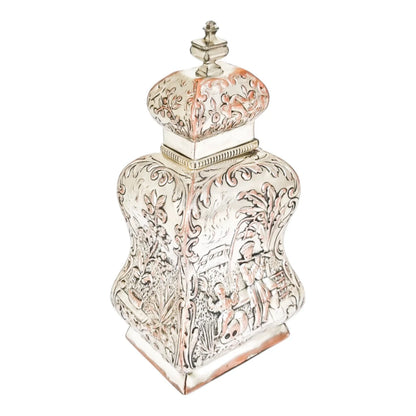 1890's Dutch silver plate tea caddy Rococo embossed flowers, children, scrolls