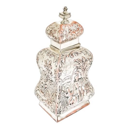 1890's Dutch silver plate tea caddy Rococo embossed flowers, children, scrolls