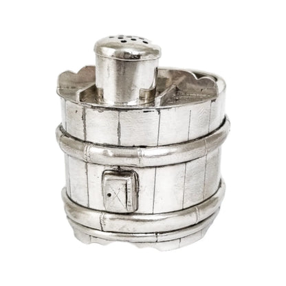 Japanese sterling silver novelty salt and pepper set in form of bucket / barrel