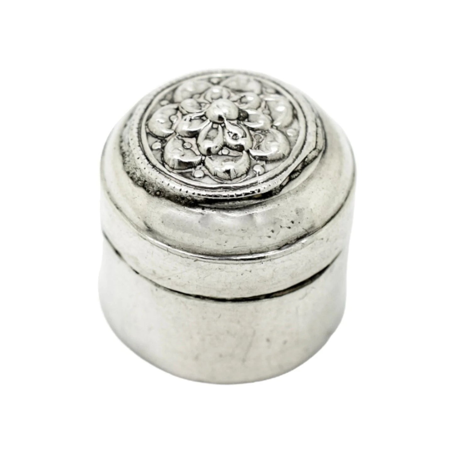 Middle Eastern silver round pill box with lotus flower lid