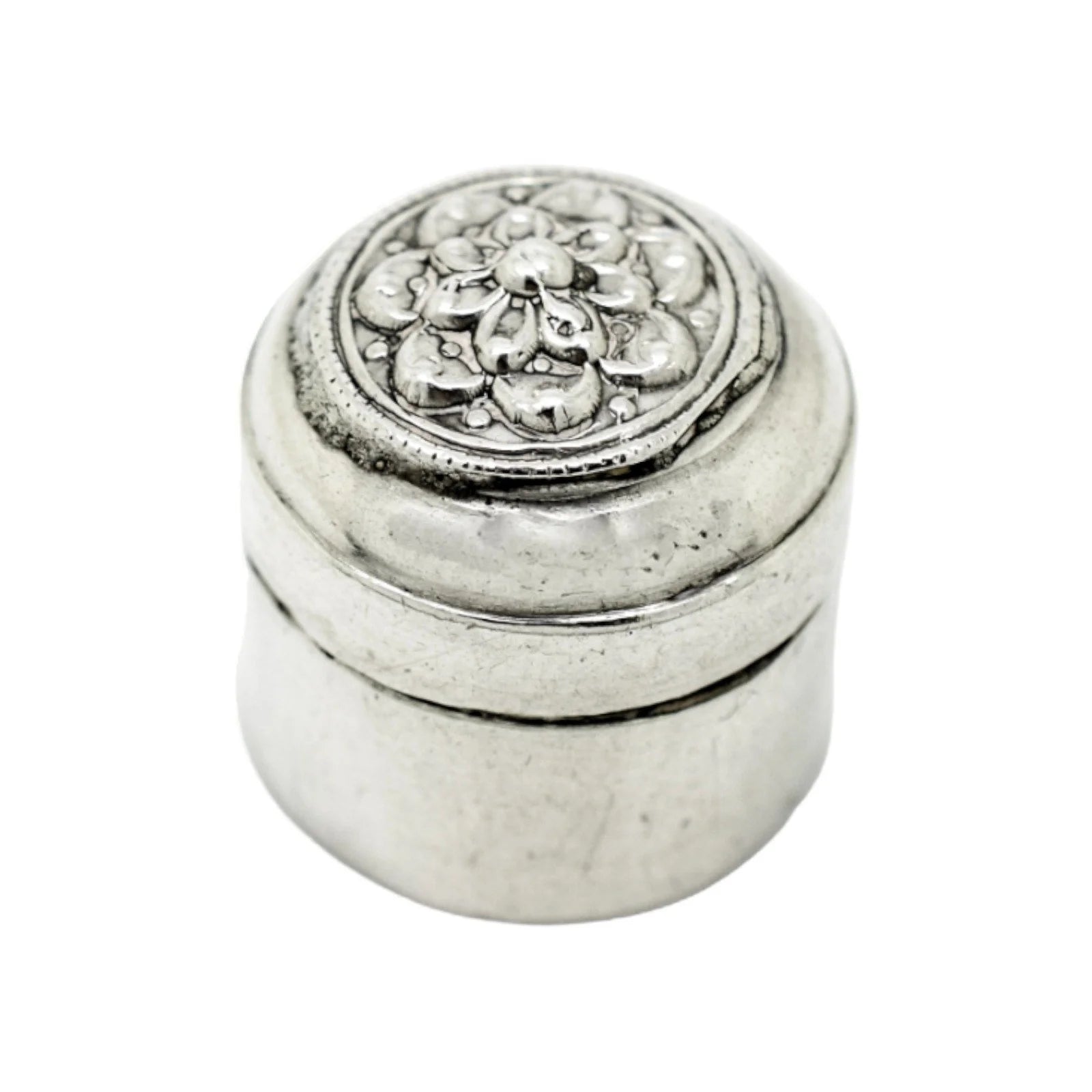 Middle Eastern silver round pill box with lotus flower lid